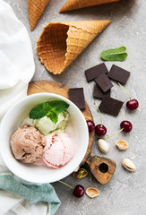 set of ice cream scoops of different colors and flavours