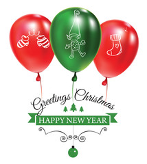 CHristmas post card with green and red balloons with doodles. Designed text. Festive callygraphy. Typograpgy poster.