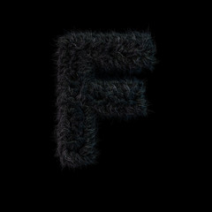 Uppercase fluffy and furry black font. Letter F. 3D