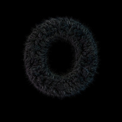 Uppercase fluffy and furry black font. Letter O. 3D