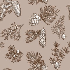 Pine branches of trees and cones seamless pattern isolated on white background vector.