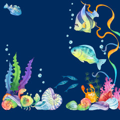 painted watercolor illustration of a coral reef, underwater, sea, fish, aquarium.