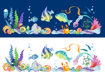 Naklejka na ściany i meble painted watercolor illustration of a coral reef, underwater, sea, fish, aquarium.