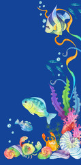 painted watercolor illustration of a coral reef, underwater, sea, fish, aquarium.