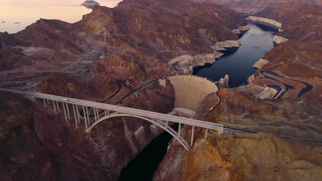 Hoover Dam Flying over helicopter drone Nevada USA Evening aerial view