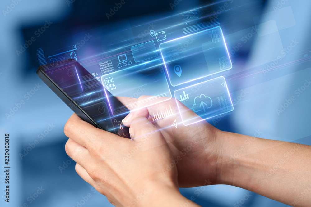 Poster hand using phone with database reports and online work concept