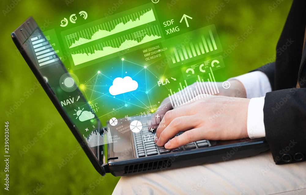 Poster hand using laptop with cloud technology and linked information concept