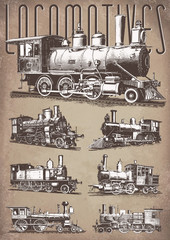 Obraz premium Locomotives engine vintage railway set #vector #isolated - Lokomotiven Dampflokomotive Eisenbahn