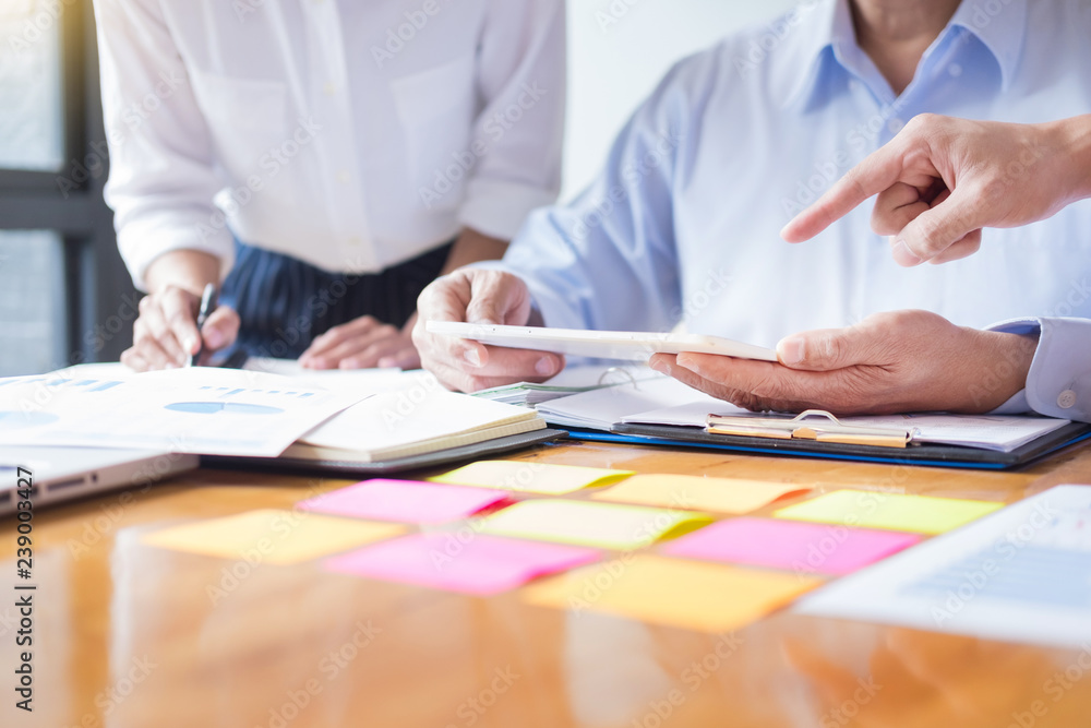 Poster business team data analyzing income charts document during discussion explain strategy meeting. on s