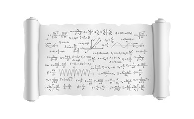 White scroll with lot of hand-drawn complicated scientific formulas and calculations, blueprint plan on white