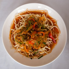 Traditional food in Kyrgyzstan - Lagman Uzbek soup