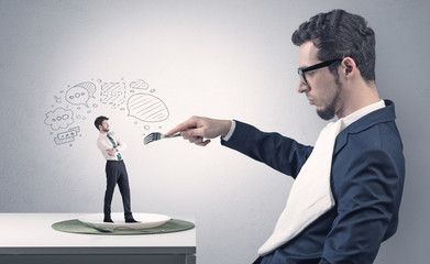 Big businessman want to eat small man with cloud messages above his head
