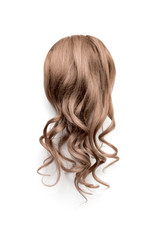 Natural wavy brown hair on white background. Woman's head back view