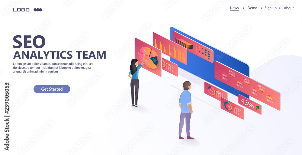 Poster data analysis people and interact with graphs. landing page template. 3d isometric vector illustrati