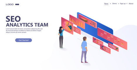 Data analysis people and interact with graphs. Landing page template. 3d isometric vector illustration.