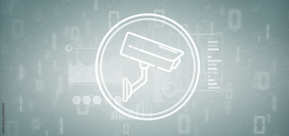 Poster security camera system icon and statistics data - 3d rendering