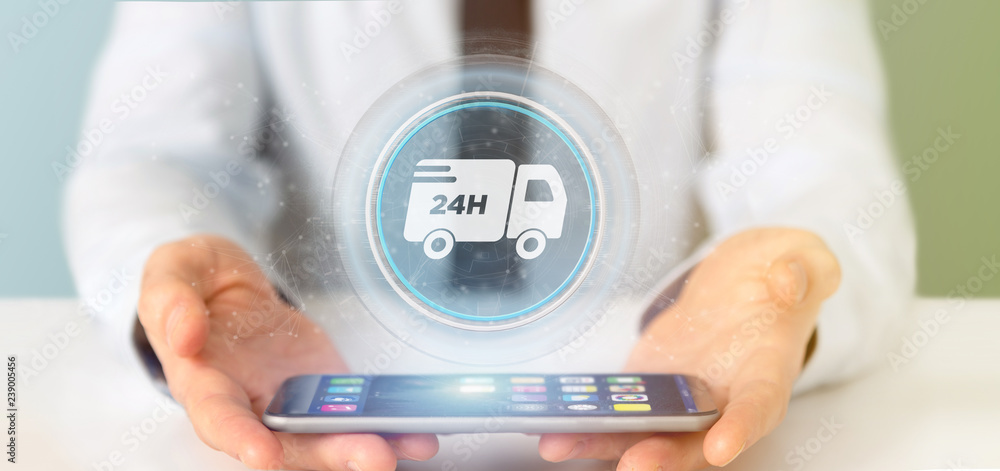 Poster businessman holding a fast delivery button with connection 3d rendering