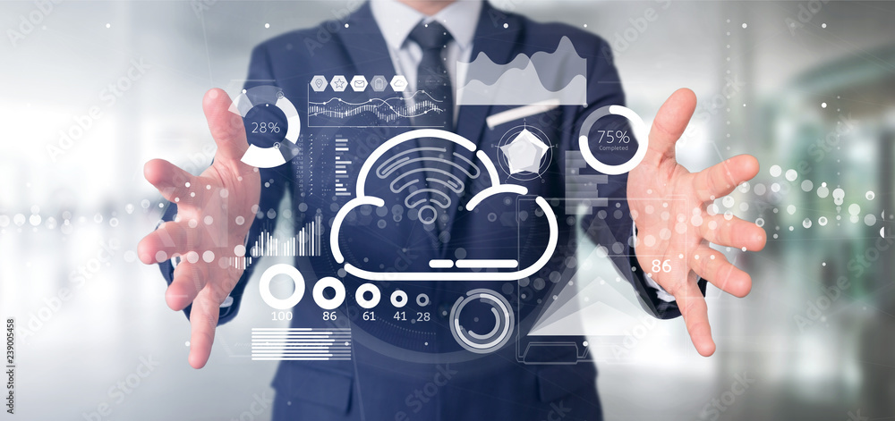 Poster businessman holding cloud and wifi concept with icon, stats and data 3d rendering