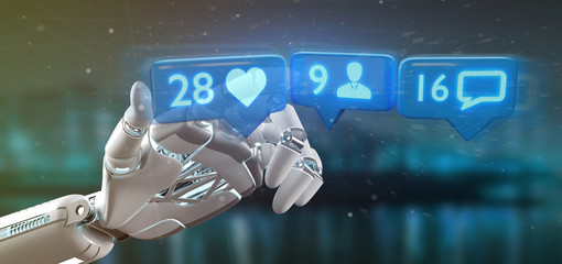 Cyborg hand holding Like, Follower and message notification on social network - 3d rendering