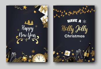 Set of Holly Jolly Christmas and Happy New Year greeting cards.
