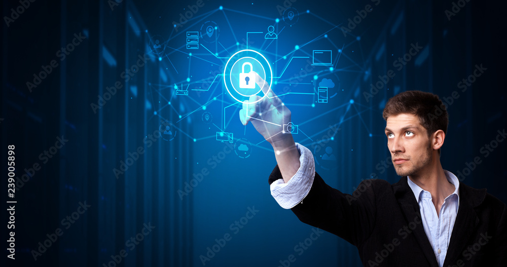 Aufkleber Man touching hologram projection displaying cloud system 
