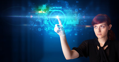 Woman touching hologram screen displaying medical symbols and charts
