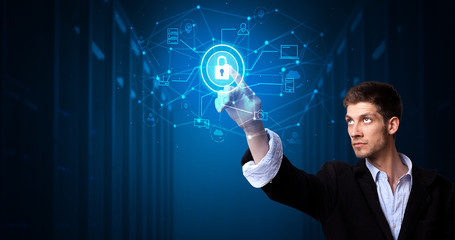 Man touching hologram projection displaying cloud system 
