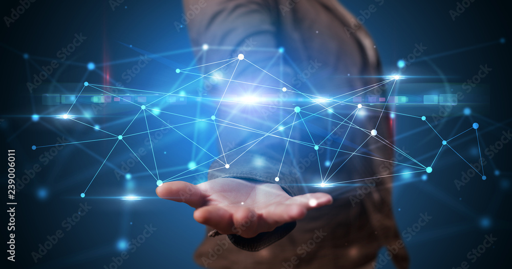 Aufkleber Handsome person holding hologram screen displaying modern cloud based web system technology
