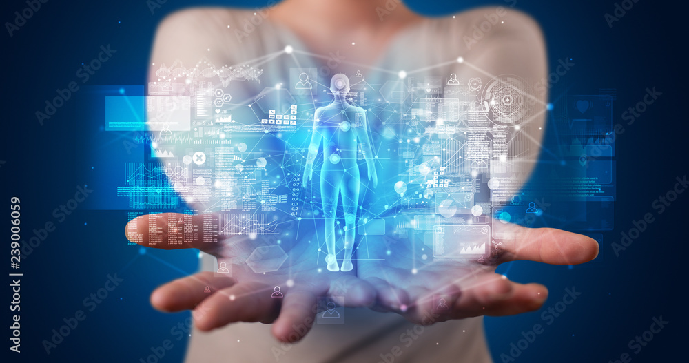 Poster young person holding hologram projection displaying health related graphs and symbols