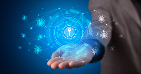 Young person holding hologram screen displaying security infomartions
