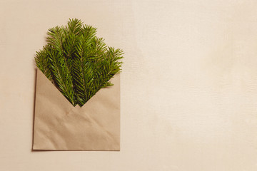 Top view green fir tree branches in brown craft envelope on brown color wood background