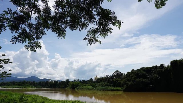Timelapse of scenery and cloud at Sungai Perak with a view of public mosque, known as Ubudiah Mosque and Perak Royal Palace Istana Iskandariah in Kuala Kangsar Perak Malaysia. UNGRADED UP