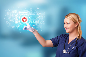 Doctor touching hologram screen displaying medical symbols and charts
