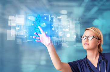 Doctor touching virtual screen with biology and genetic concept