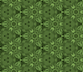 Seamless hexagonal pattern from geometrical abstract ornaments multicolored in green shades on a dark background. Vector illustration. Suitable for fabric, wallpaper or wrapping paper