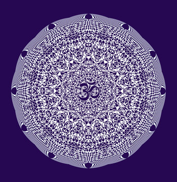 White mandala with aum / ohm / om sign in the center on a blue background. Vector openwork delicate drawing. Spiritual symbol and background.