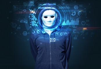 Facial recognition system. Young man on dark background, face recognition concept