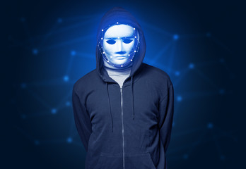 Face recognition with mesh. Cyber security concept. 