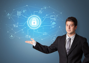 Young smiling person presenting office cloud technology concept
