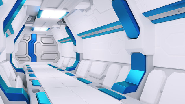 White Corridor of a spaceship with blue decor. sci-fi spacecraft 3d illustartions.