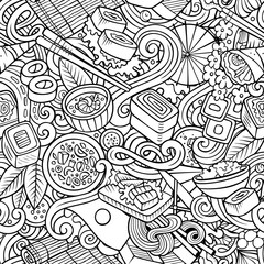 Cartoon cute doodles hand drawn Japan Food seamless pattern. Lin