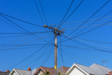 Many power lines are all connected to a single pole in a suburban street