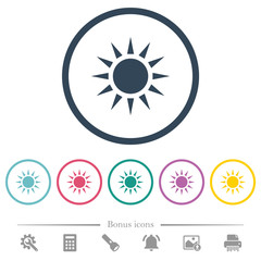 Sun flat color icons in round outlines