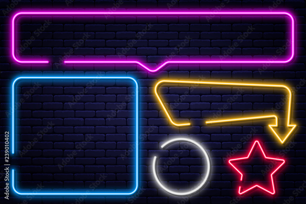 Wall mural set of neon signs, arrow, rectangle, square, circle and star. neon light frame, glowing bulb banner - Wall murals