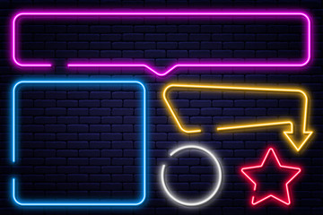 Set of neon signs, arrow, rectangle, square, circle and star. Neon light frame, glowing bulb banner - obrazy, fototapety, plakaty