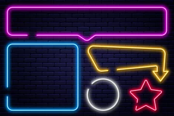 Fotobehang Set of neon signs, arrow, rectangle, square, circle and star. Neon light frame, glowing bulb banner © Yevhenii
