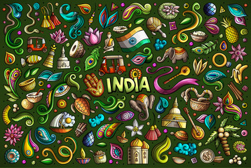 Vector doodle cartoon set of Indian objects and symbols