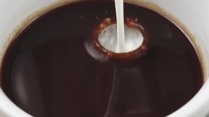 Slow motion of pouring liquid cream into americano coffee