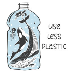 Aquatic animals in the bottle show the problem of pollution of the ocean with plastic. Vector illustration of an environmental problem.