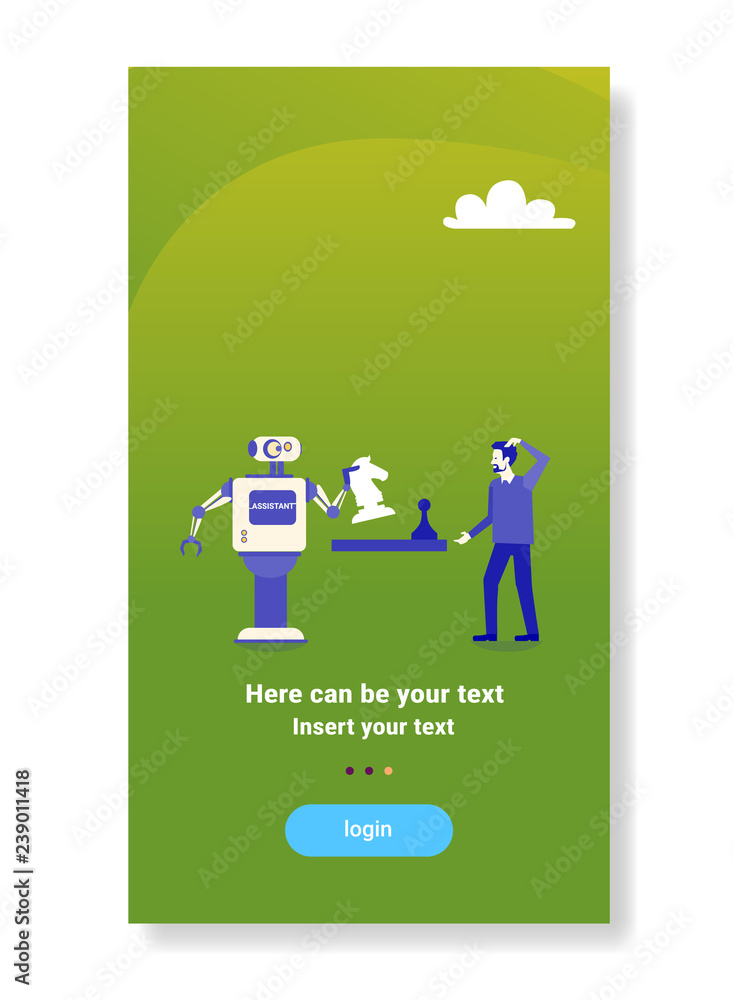 Poster modern robot playing chess with human artificial intelligence mechanism technology competition conce